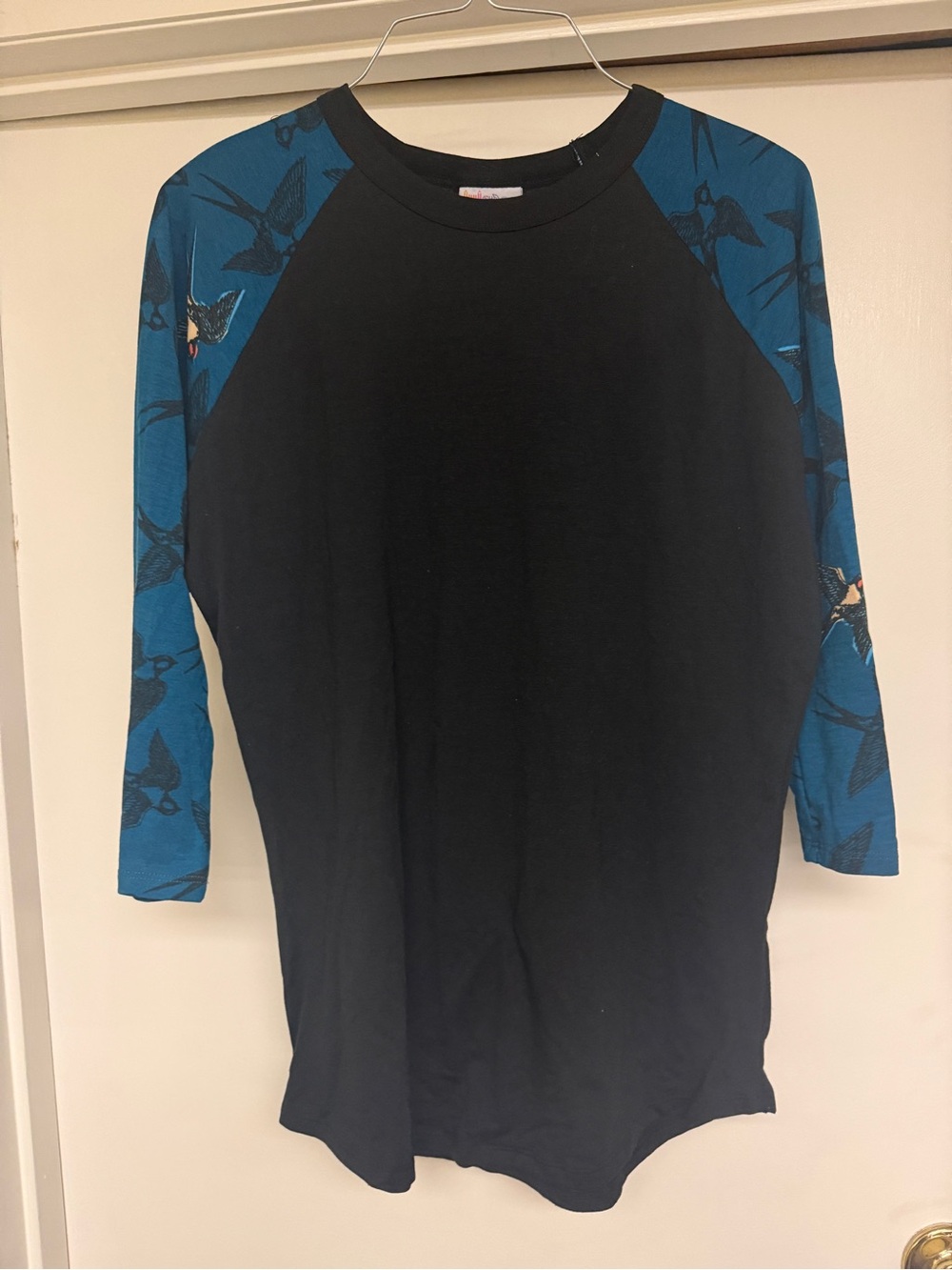LuLaRoe Black Raglan Tee with Teal Bird-Print Sleeves